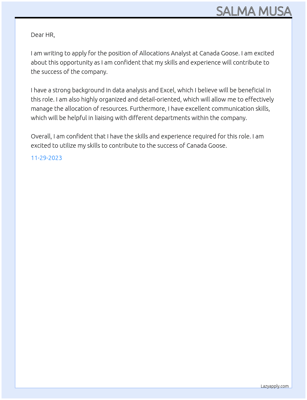 Allocations Analyst At Canada Goose Cover Letter