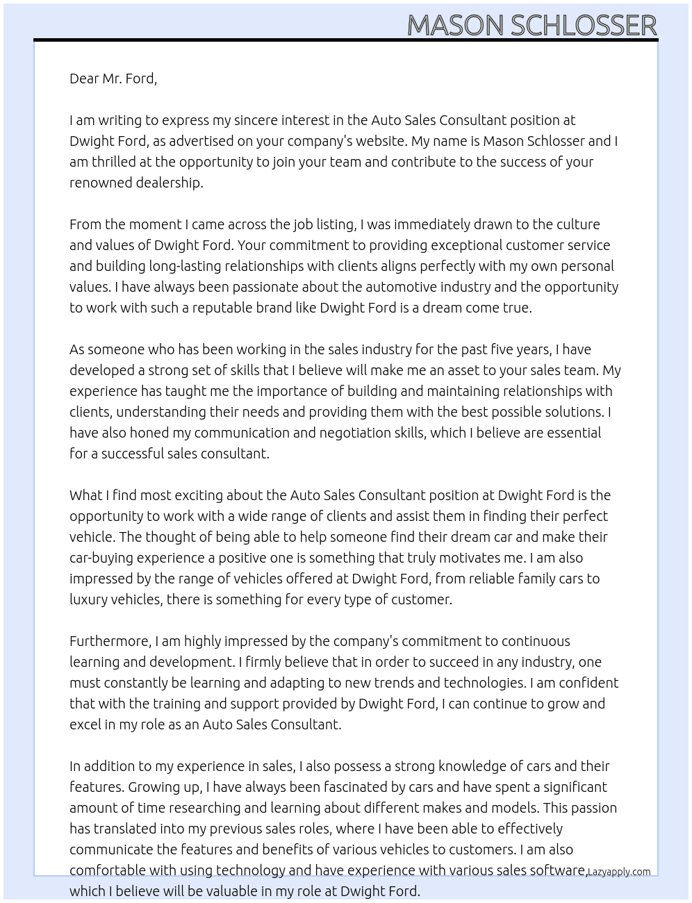Auto Sales Consultant At Dwight Ford Cover Letter