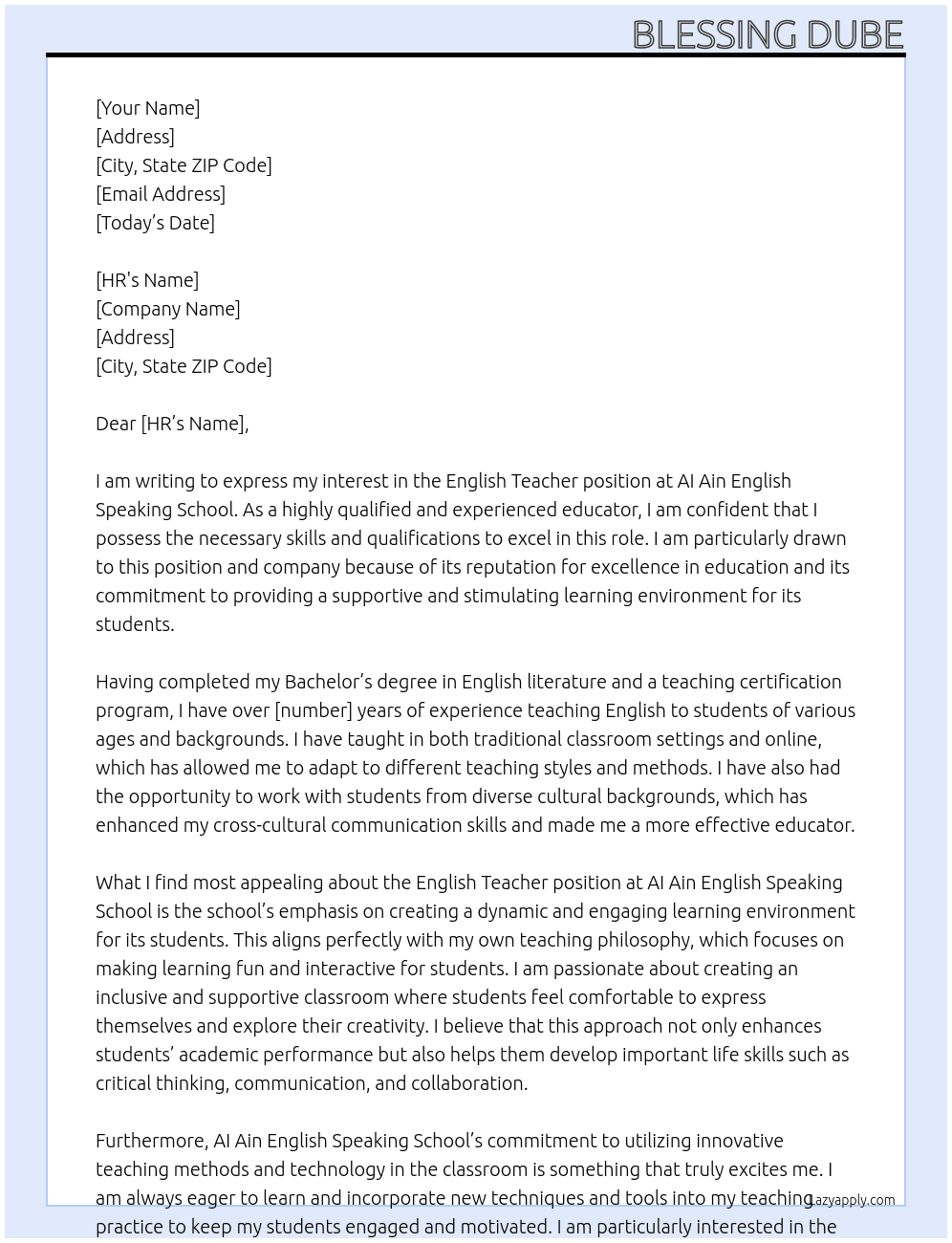 English Teacher  At AI Ain English Speaking School Cover Letter