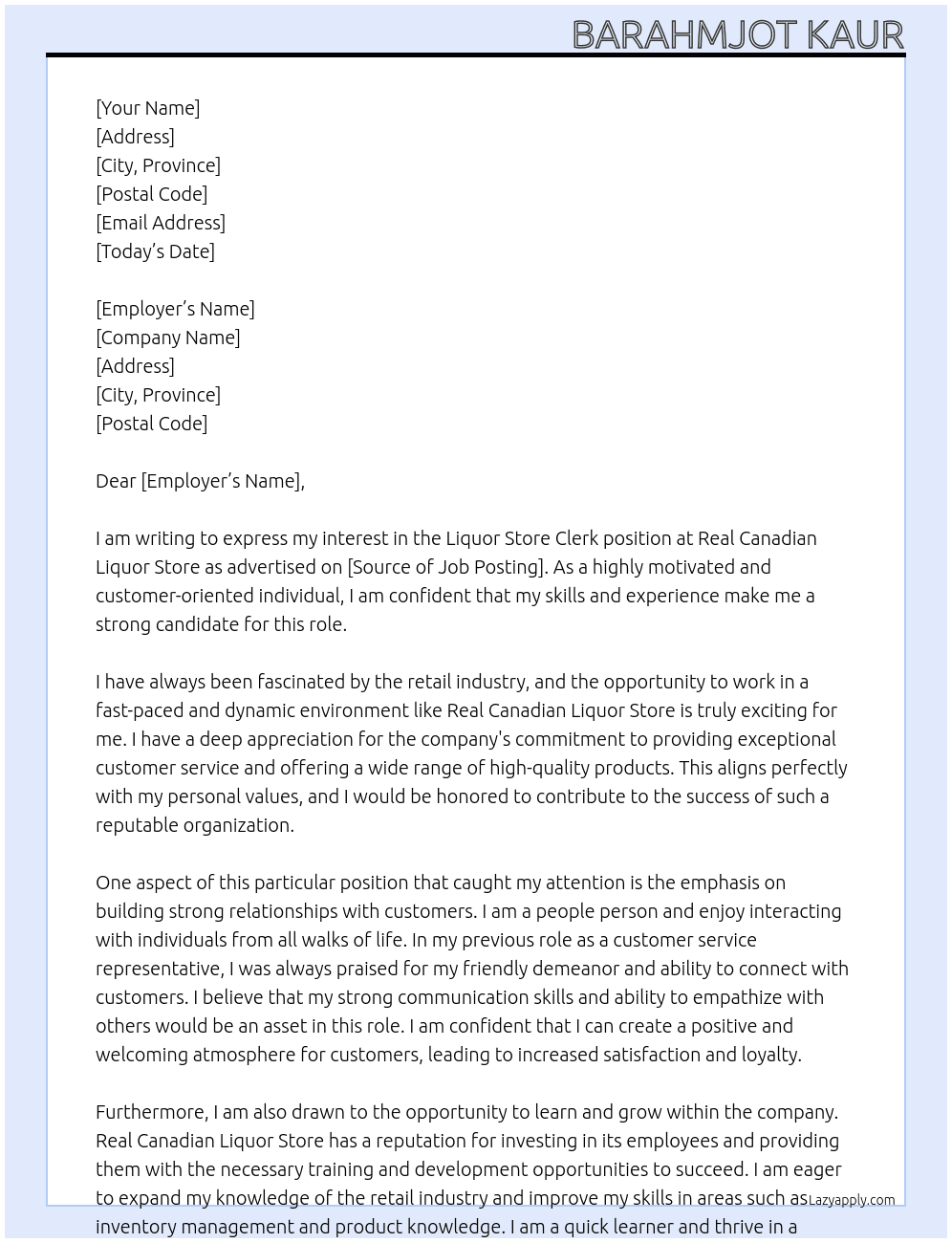 Liquor store clerk At Real canadian liquor store Cover Letter