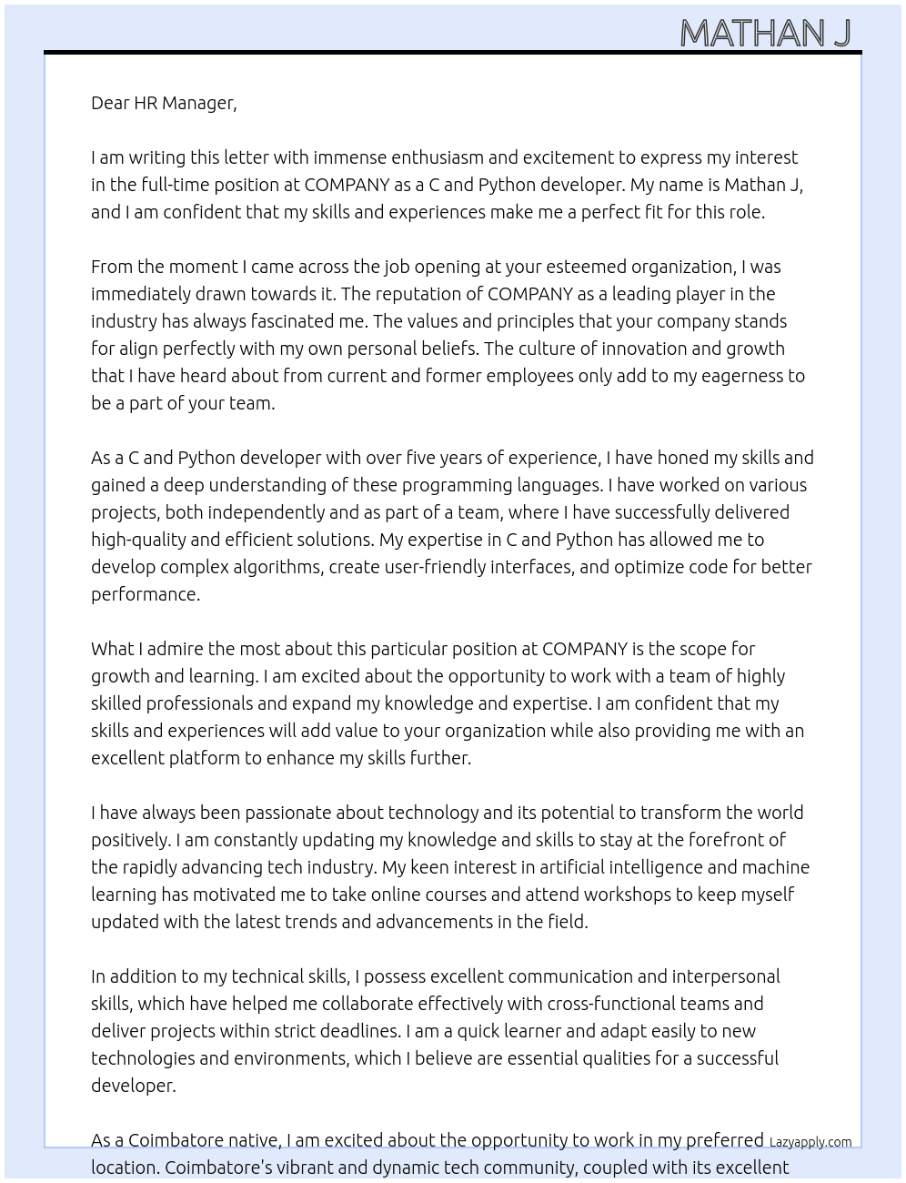 Company  At COMPANY  Cover Letter