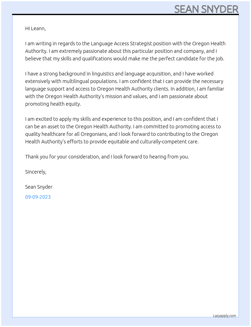 Language Access Strategist At Oregon Health Authority Cover Letter