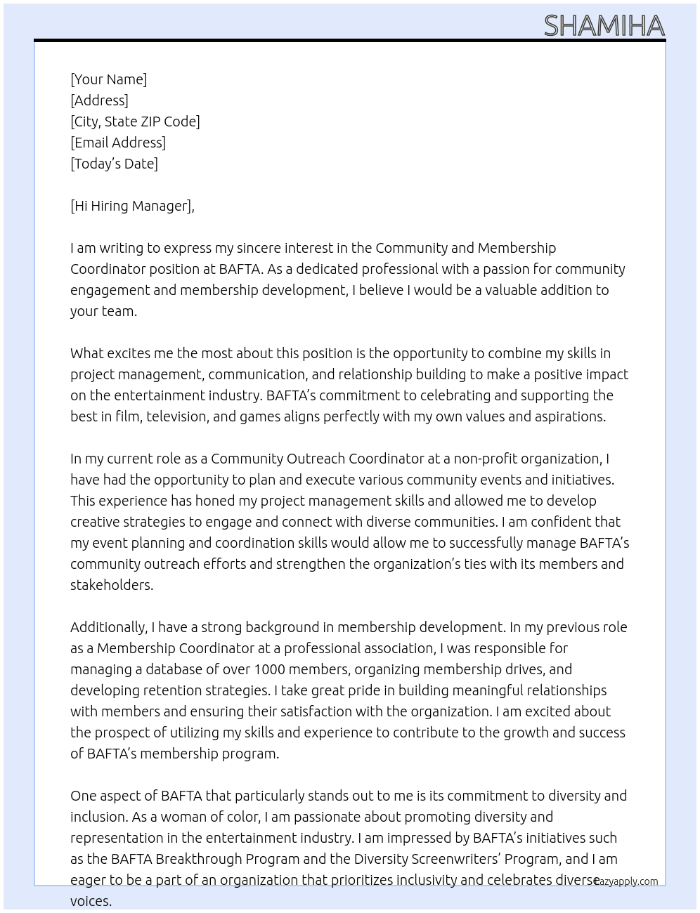 Community and Membership Coordinator At BAFTA Cover Letter