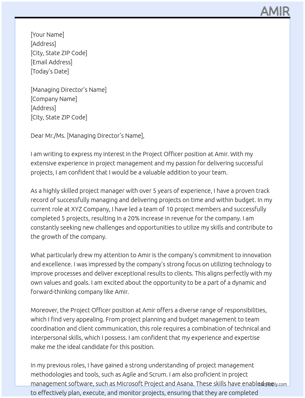 Project officer  At Amir Cover Letter