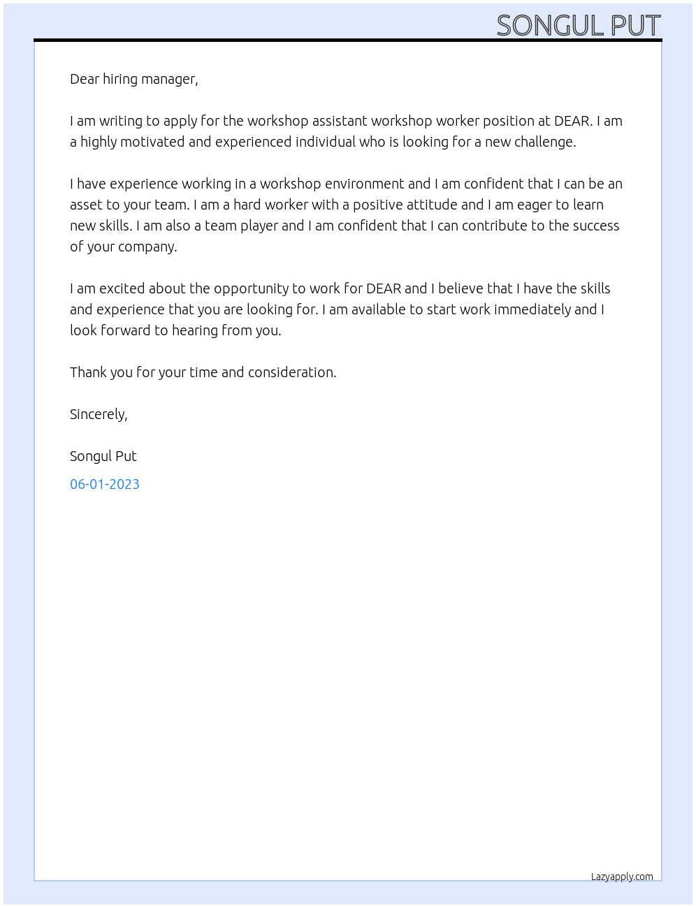 workshop assistant workshop worker At DEAR Cover Letter