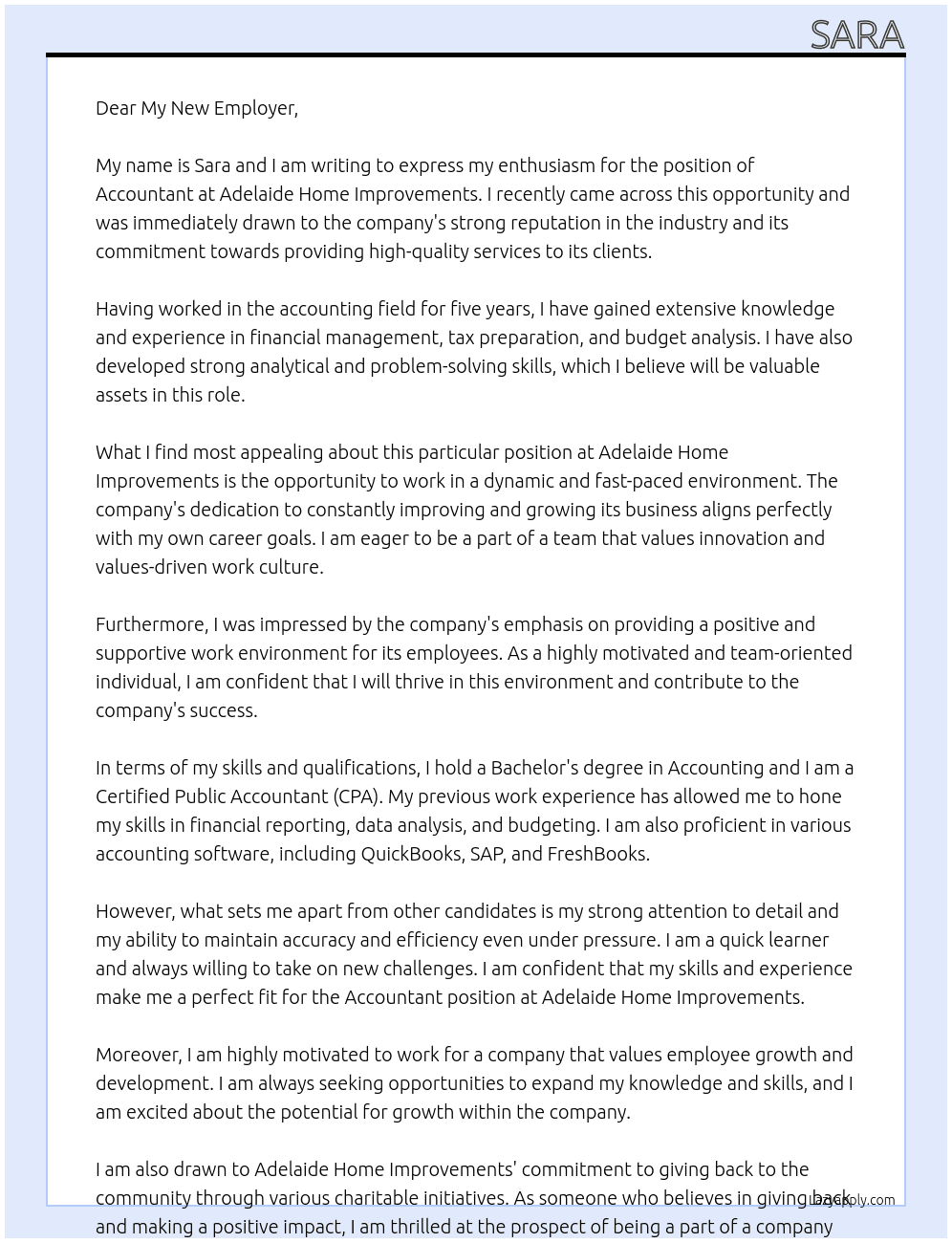 Accountant At Adelaide Home Improvements  Cover Letter