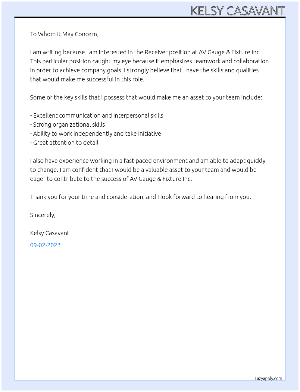 Receiver At AV Gauge & Fixture Inc. Cover Letter