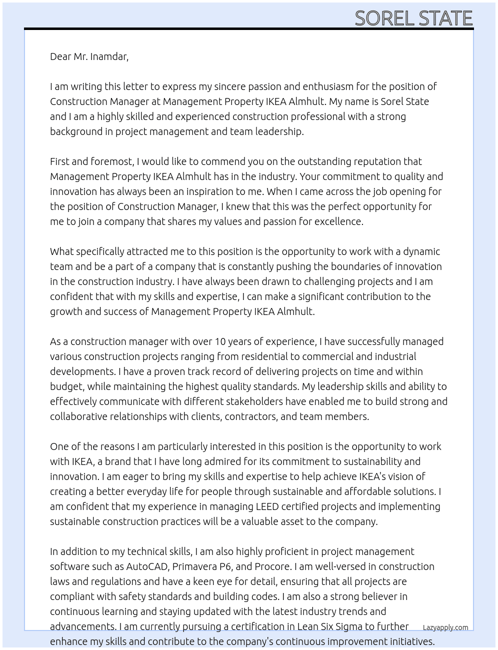 CONSTRUCTION MANAGER At Management Property IKEA Almhult Cover Letter