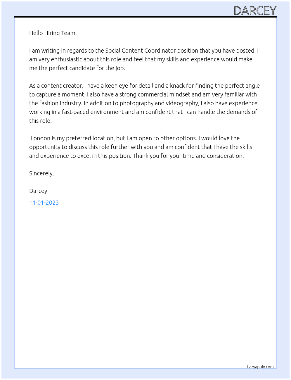 Social Content Coordinator At McArthurGlen Group Cover Letter