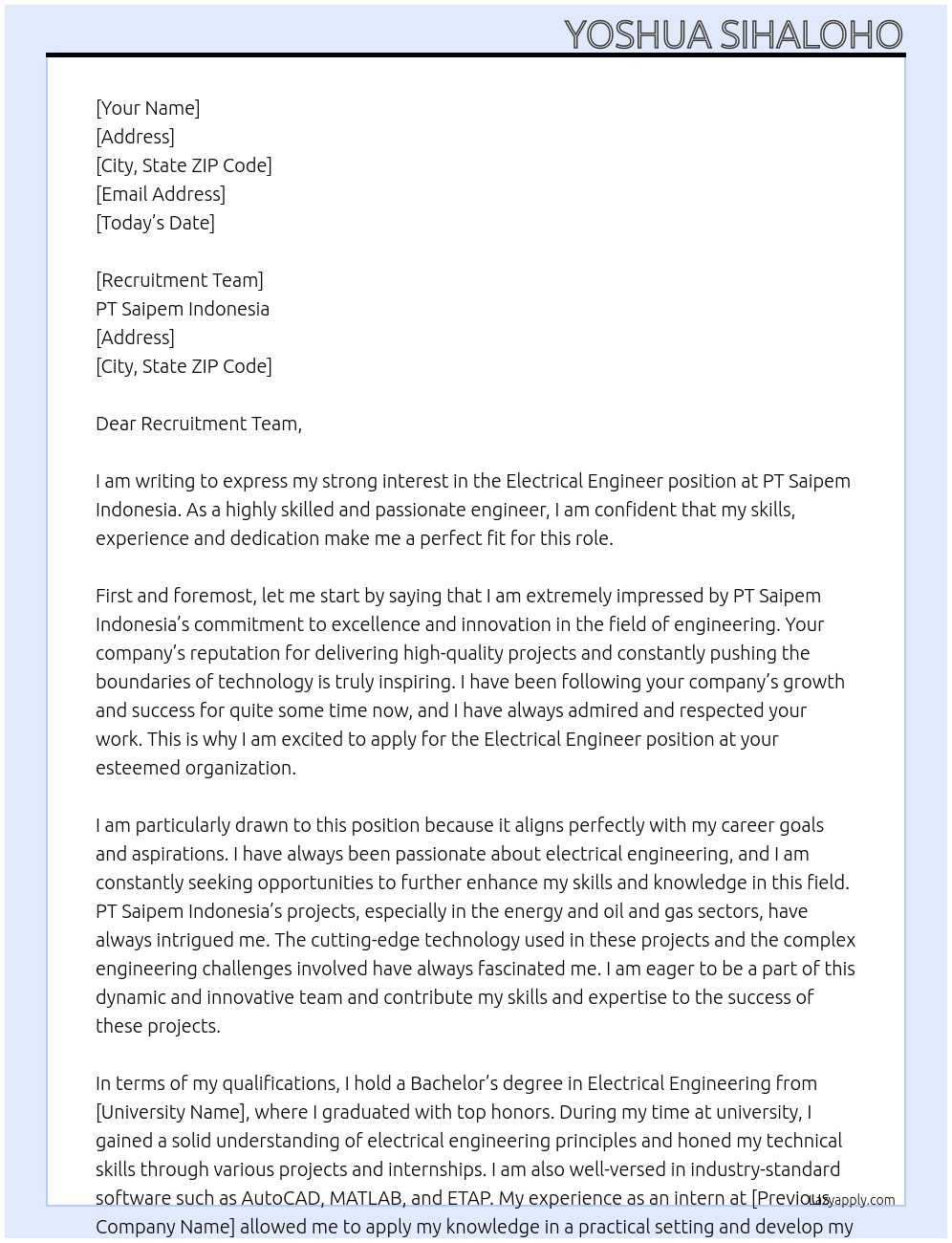 Electrical Engineer At PT Saipem Indonesia Cover Letter