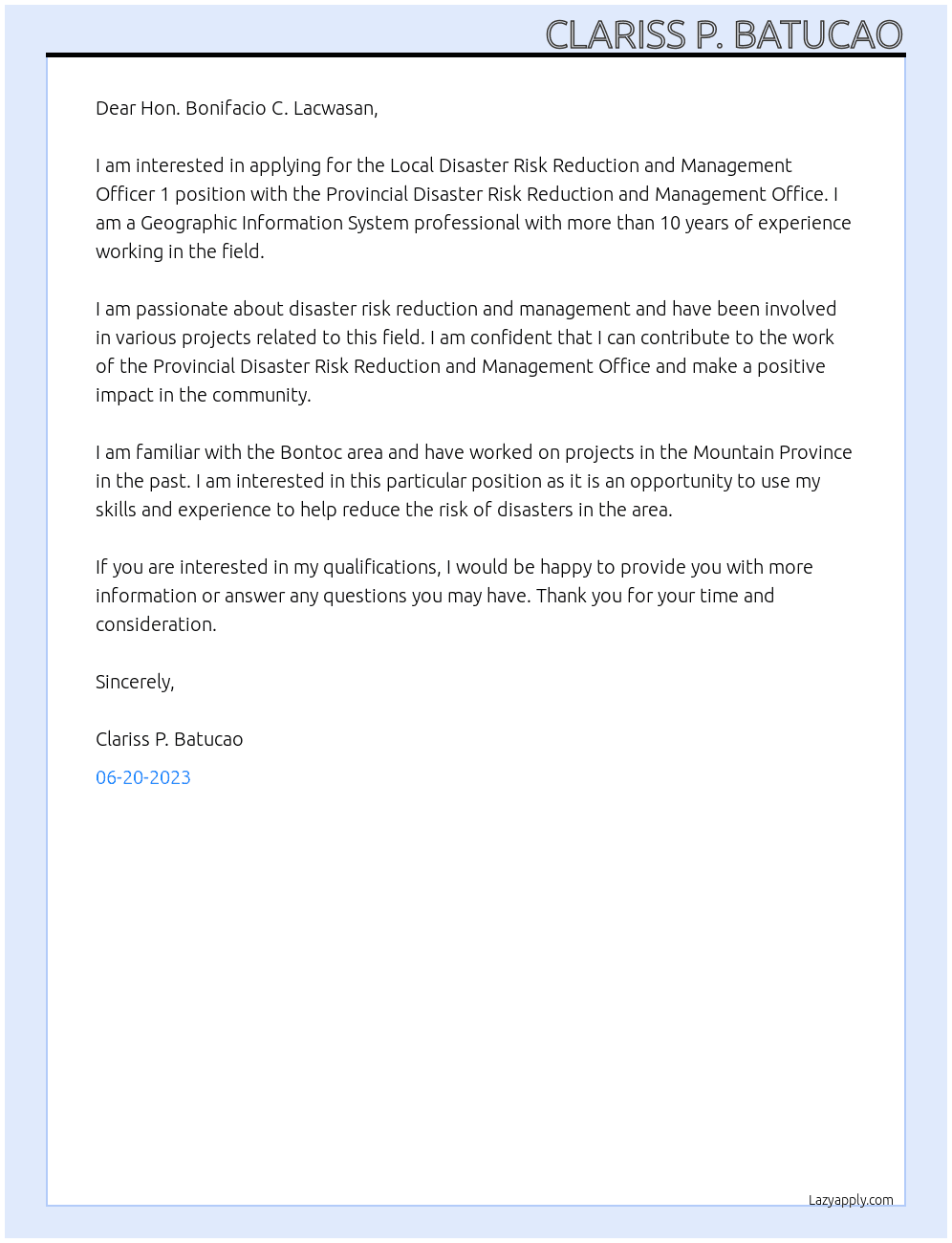 Local Disaster Risk Reduction and Management Officer 1  At Provincial Disaster Risk Reduction and Management Office Cover Letter