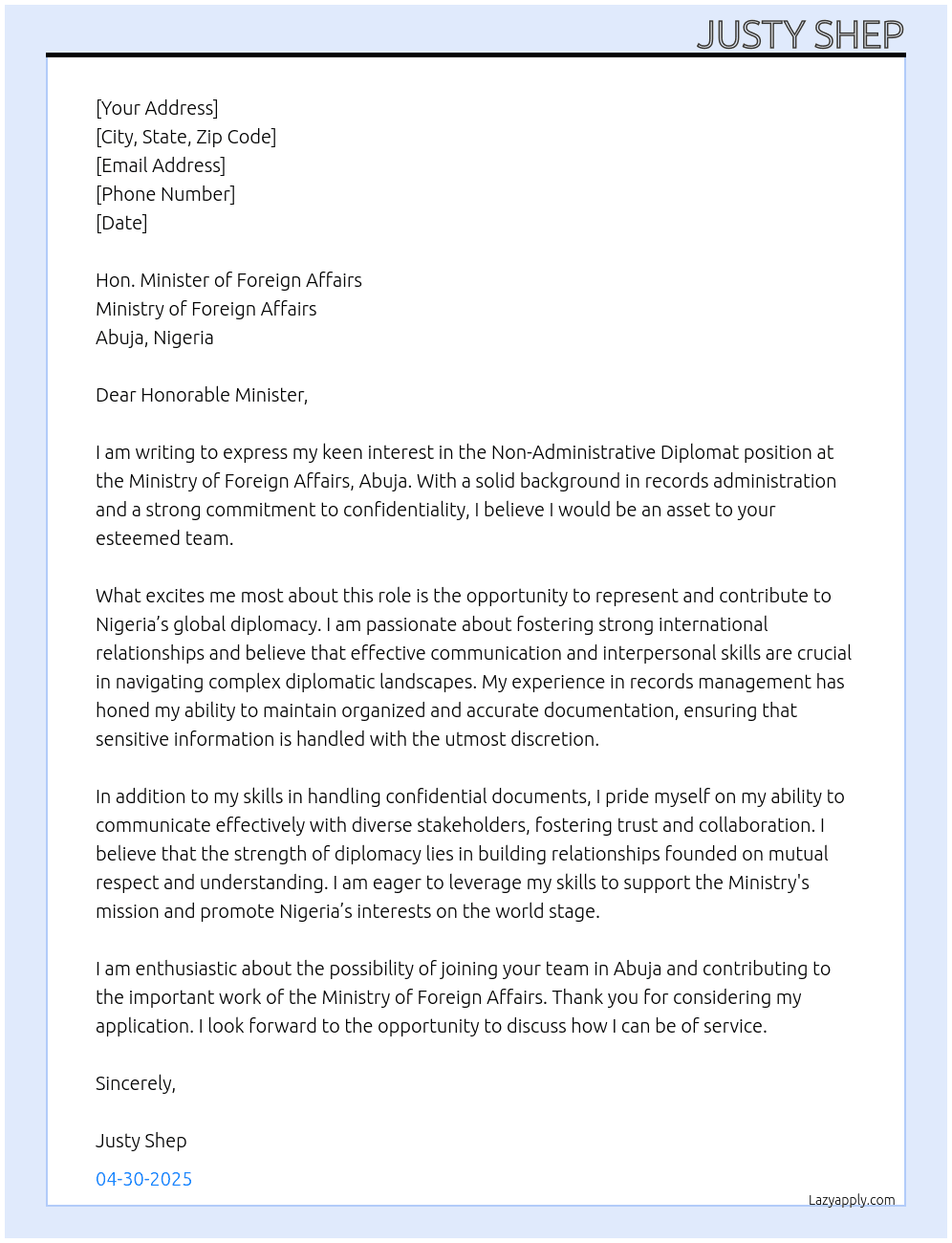 Non-Administrative Diplomat At Ministry of Foreign Affairs, Abuja Cover Letter