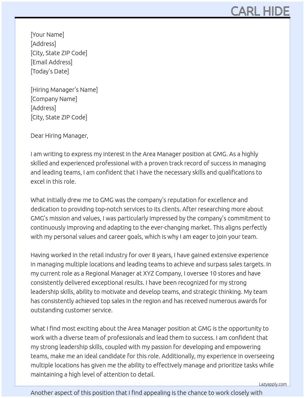 Area Manager At GMG Cover Letter