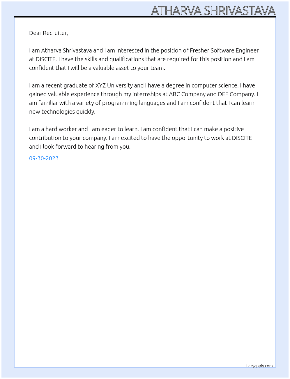Fresher Software Engineer At DISCITE Cover Letter