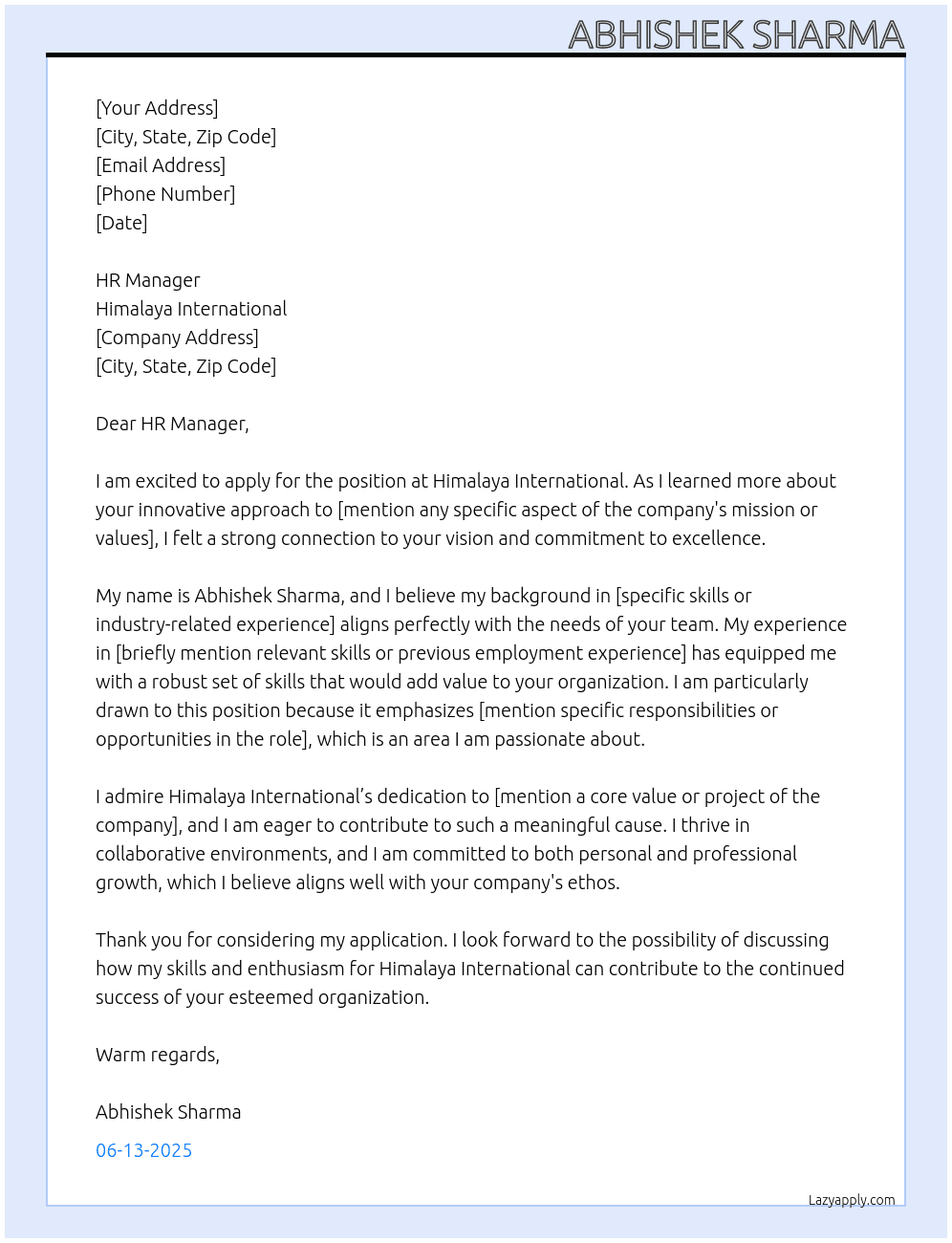 Himalaya International  At Himalaya International company  Cover Letter