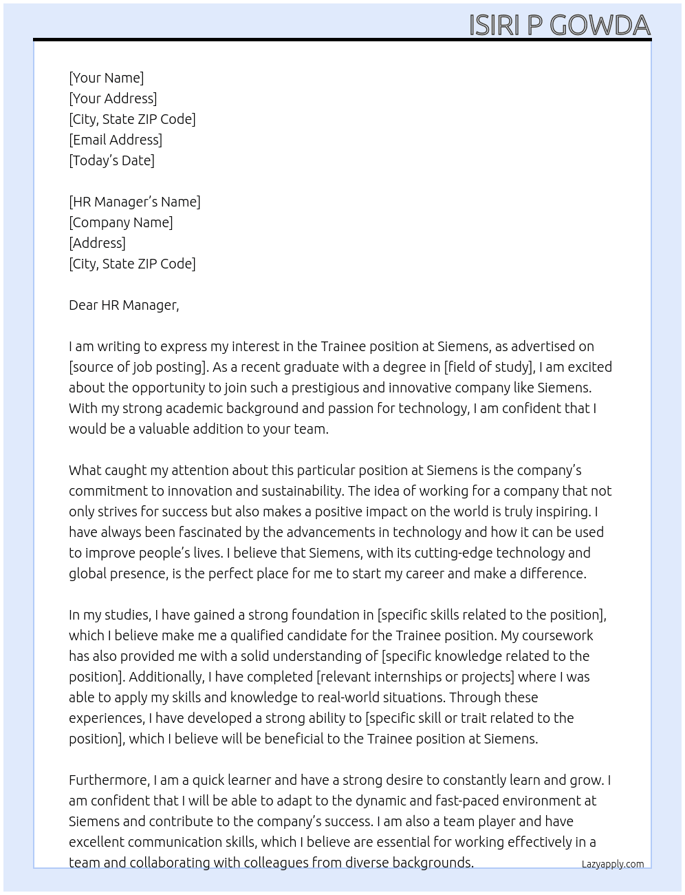 Trainee At Siemens  Cover Letter
