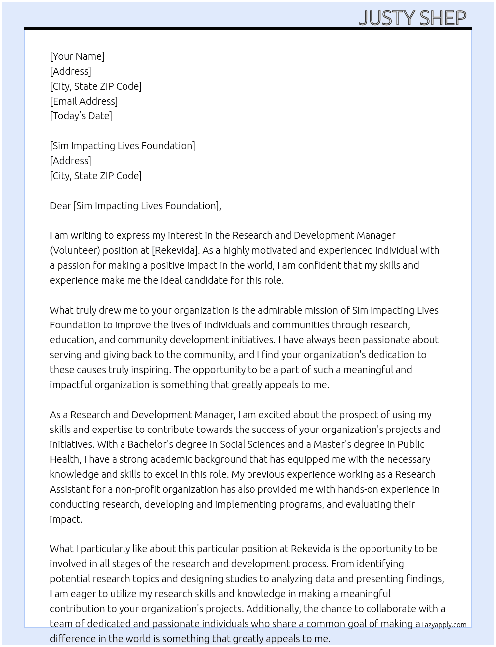 Research and Development Manager (Volunteer) At Rekevida  Cover Letter