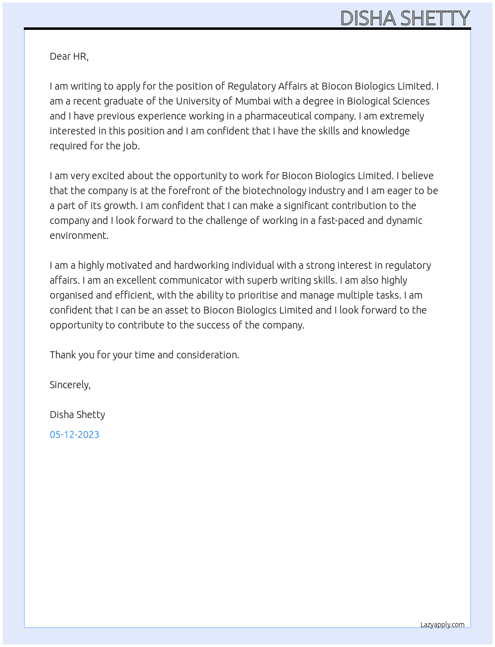 Regulatory Affairs At Biocon Biologics Limited Cover Letter