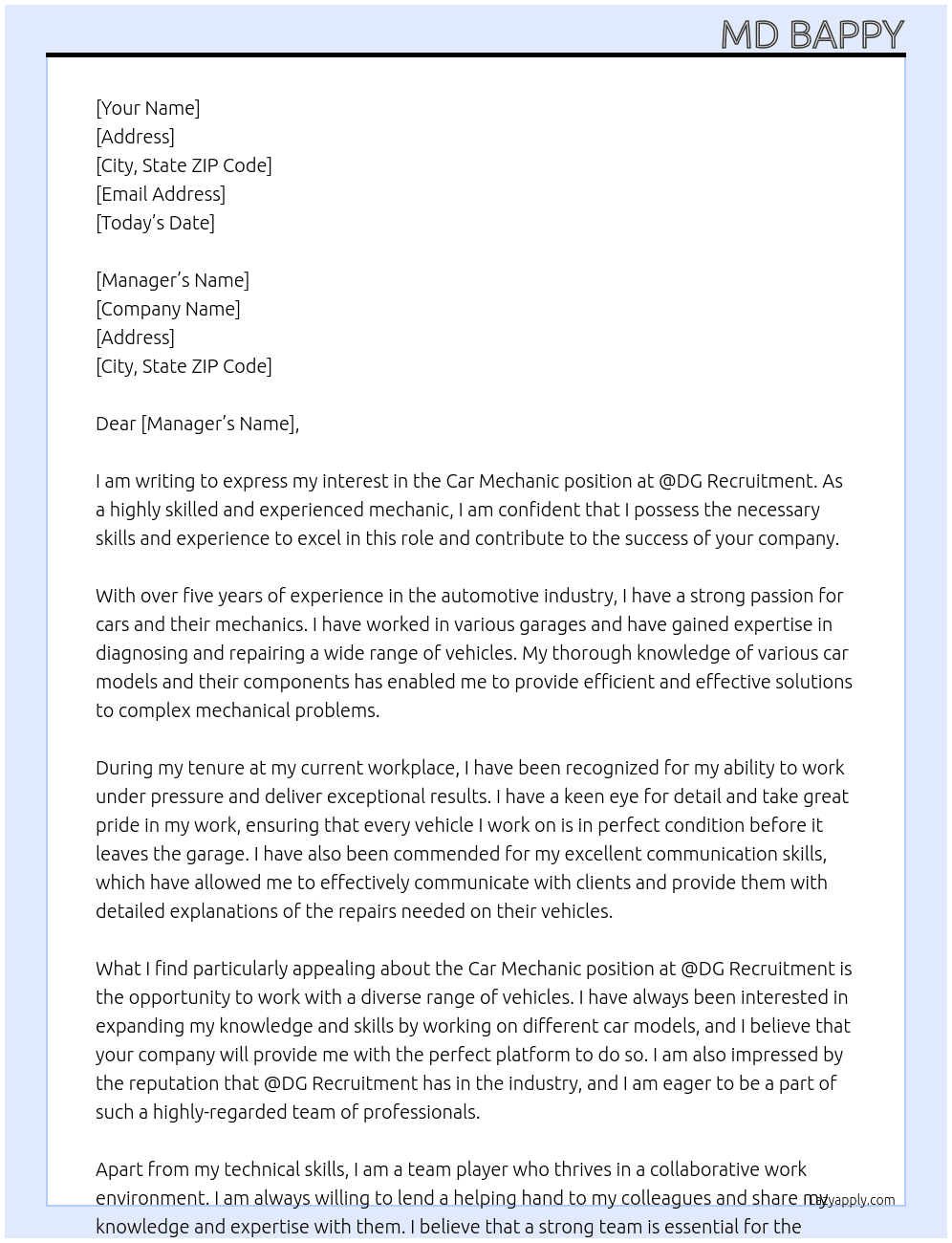 Car Mechanic  At @DG Recruitment Cover Letter