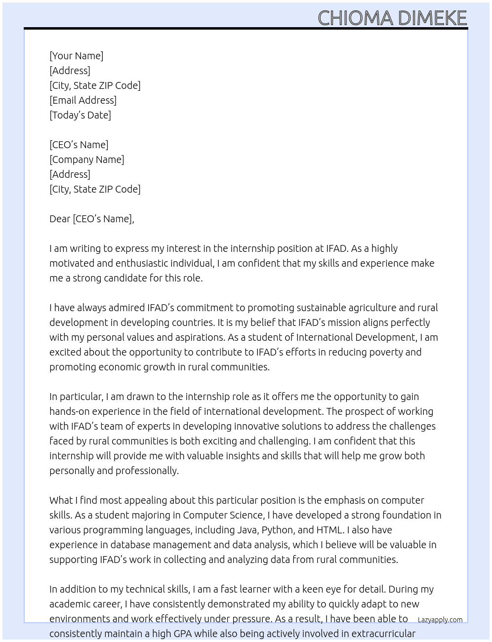 Internship At IFAD Cover Letter