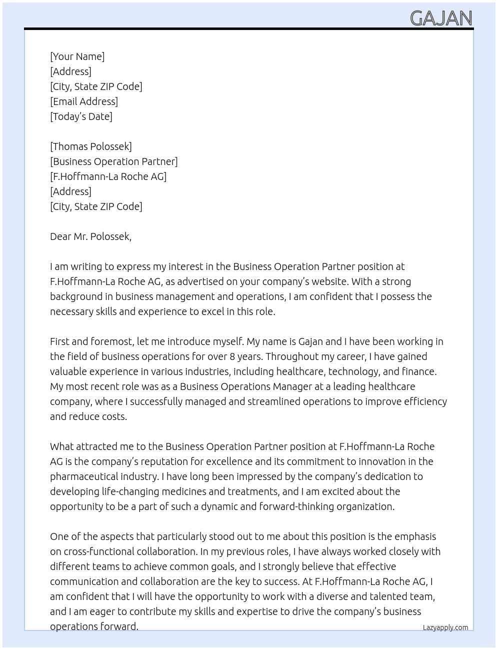 Business Operation Partner At F.Hoffmann-La Roche AG Cover Letter