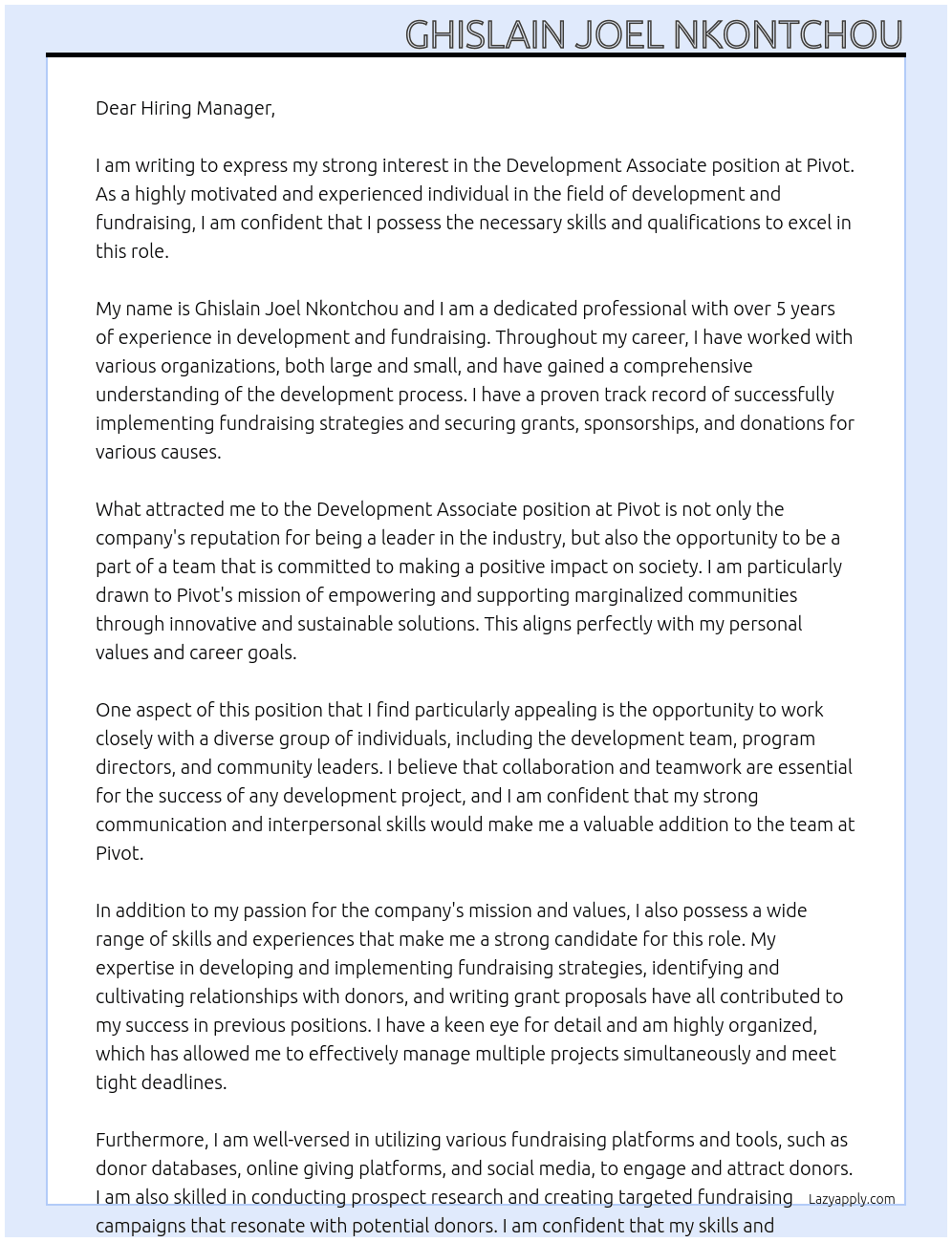 Development Associate At Pivot Cover Letter