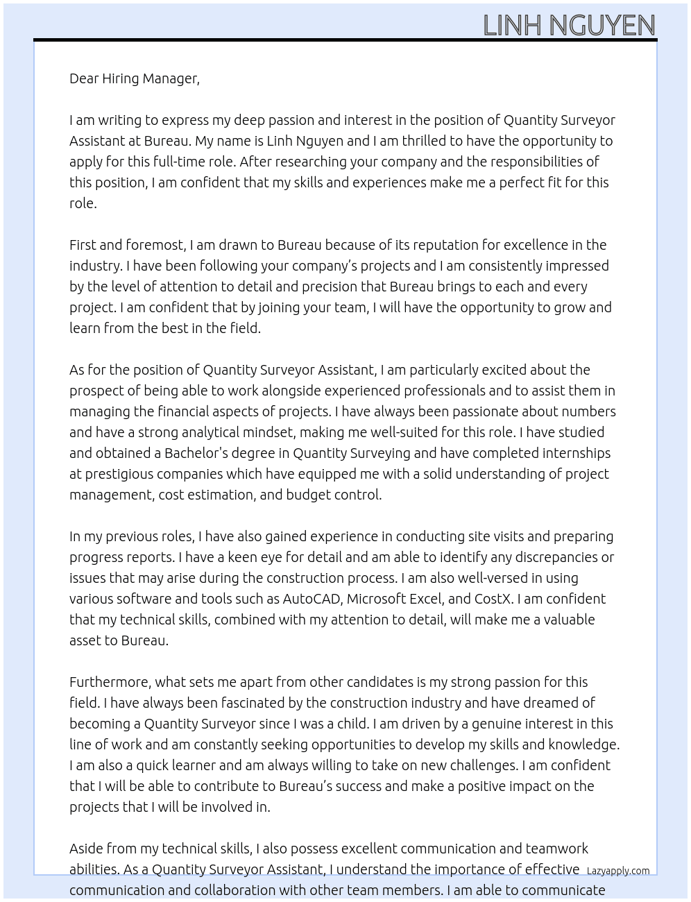 Quantity Surveyor Assistant At Bureau Cover Letter