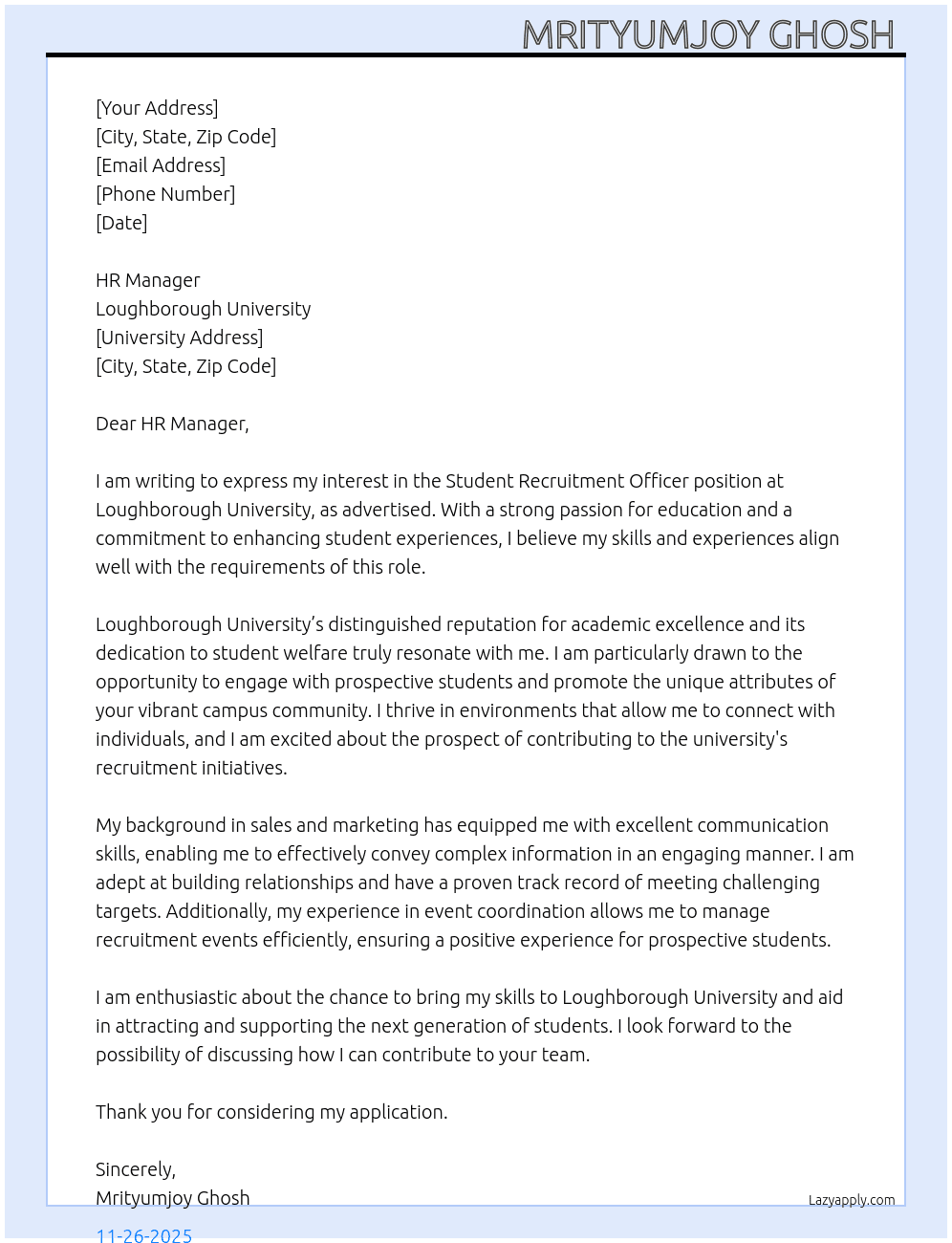 Student Recruitment Officer  At Loughborough University  Cover Letter