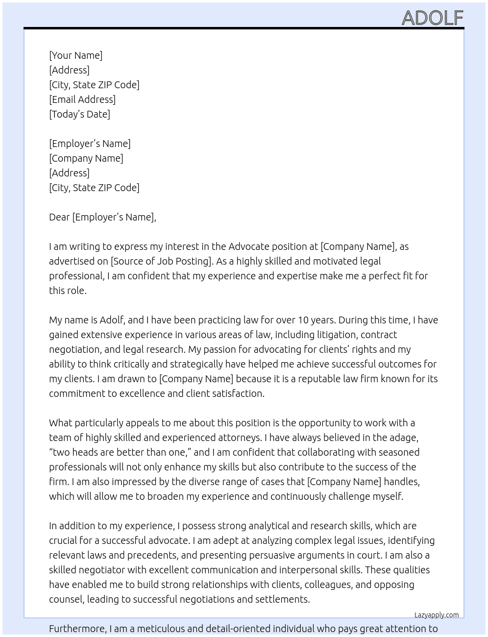 Advocate At Law Cover Letter