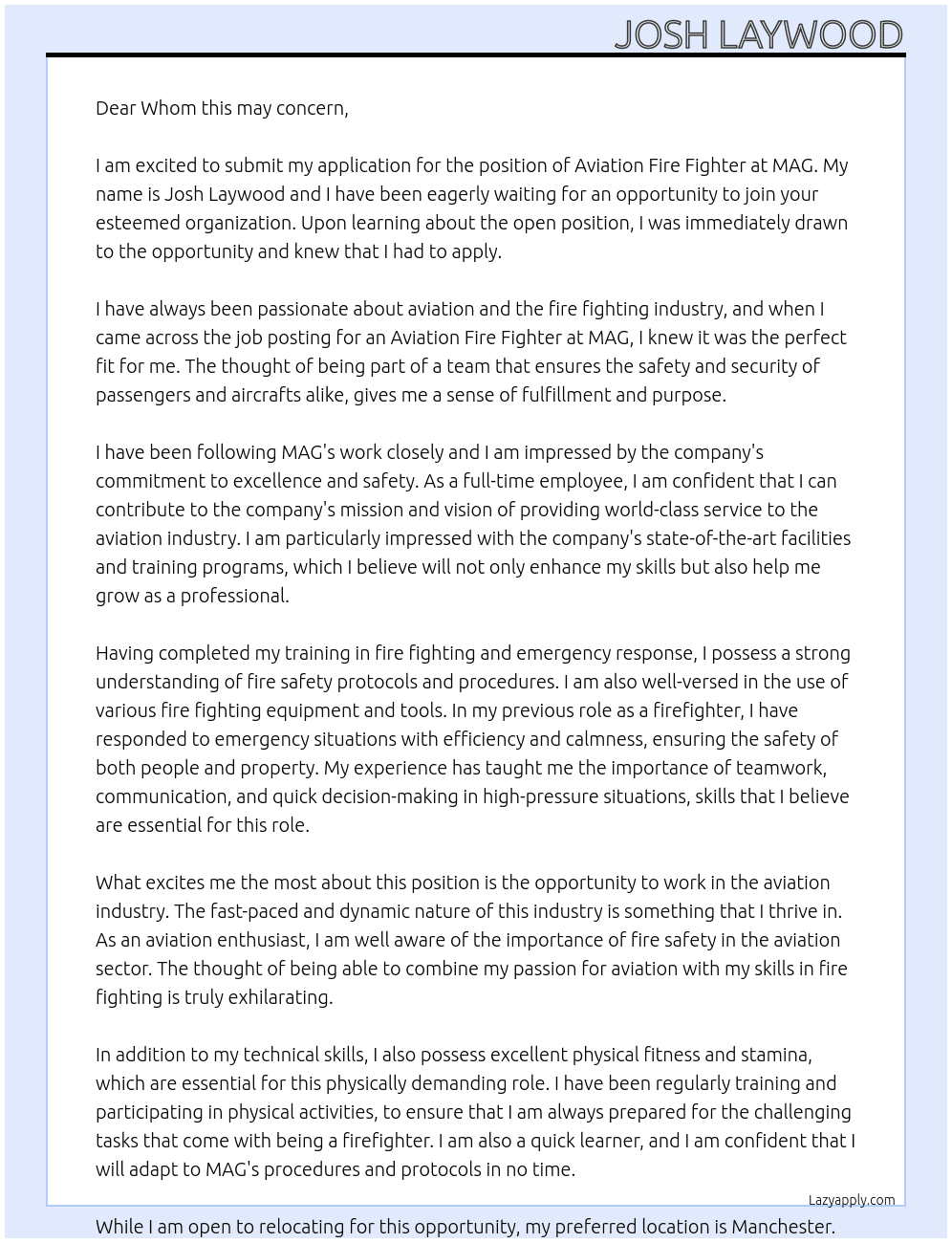Aviation fire fighter  At MAG Cover Letter