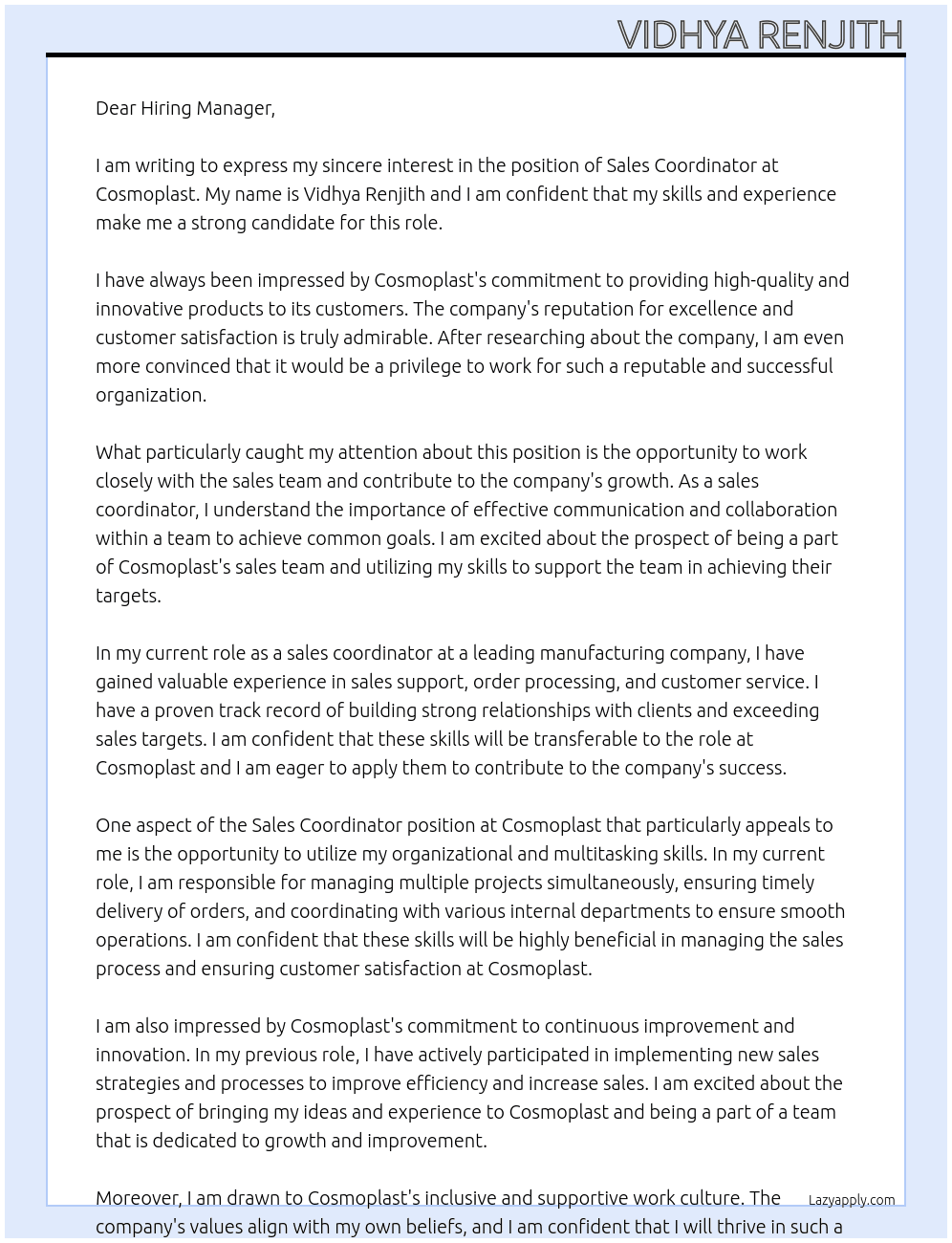 Sales Coordinator At Cosmoplast Cover Letter