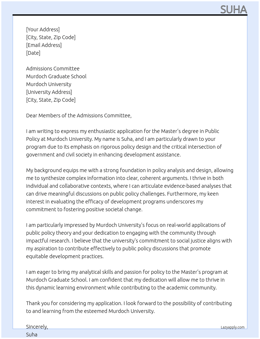 Cover letter for master degree in public policy - LazyApply
