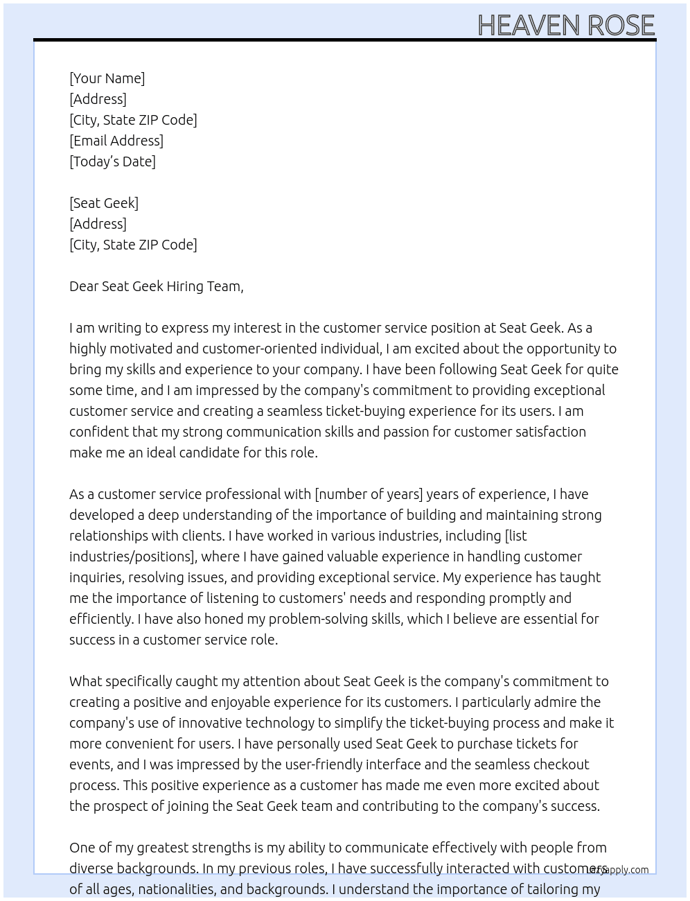 customer service At Seat Geek Cover Letter