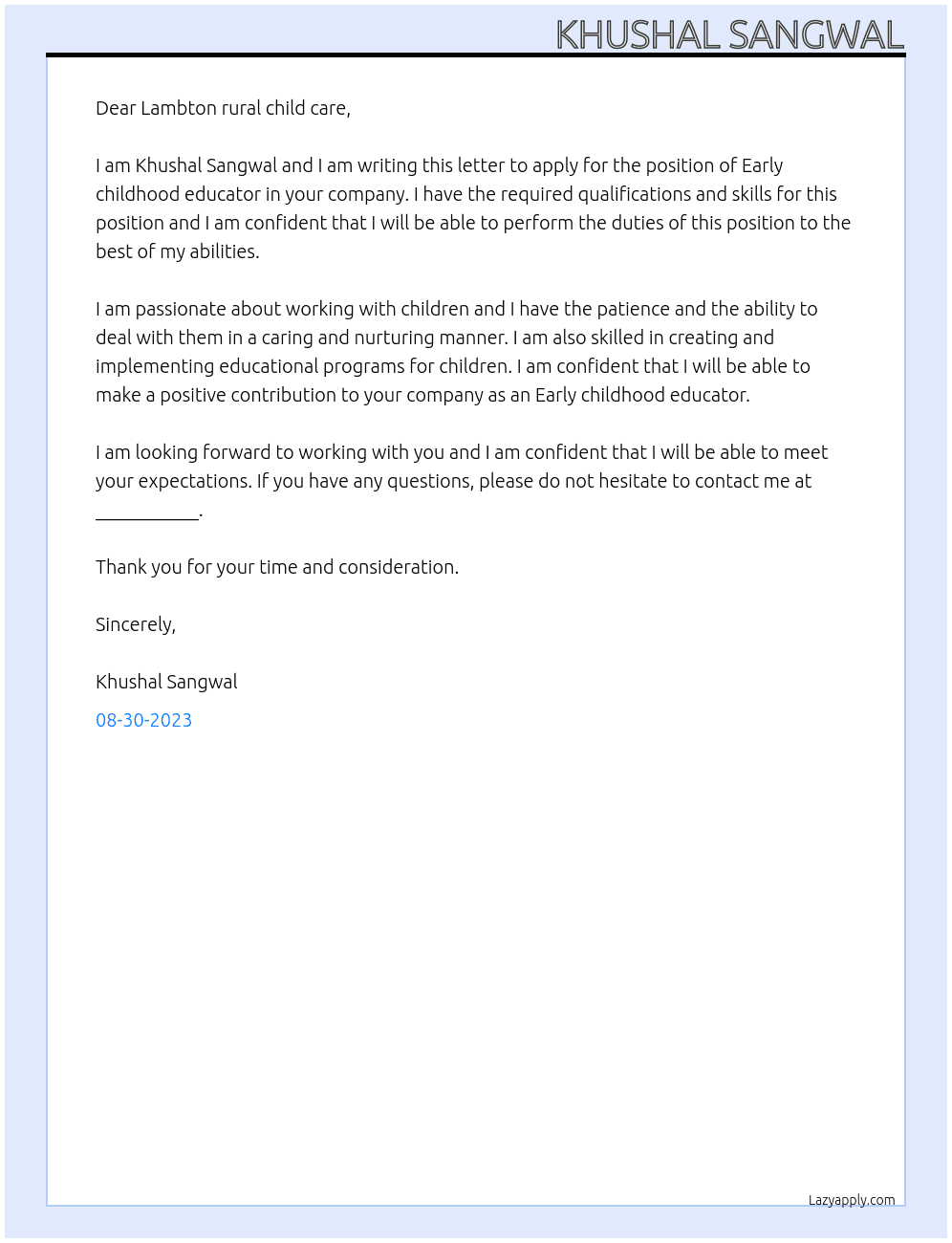 Early childhood educator At Lambton rural child care Cover Letter