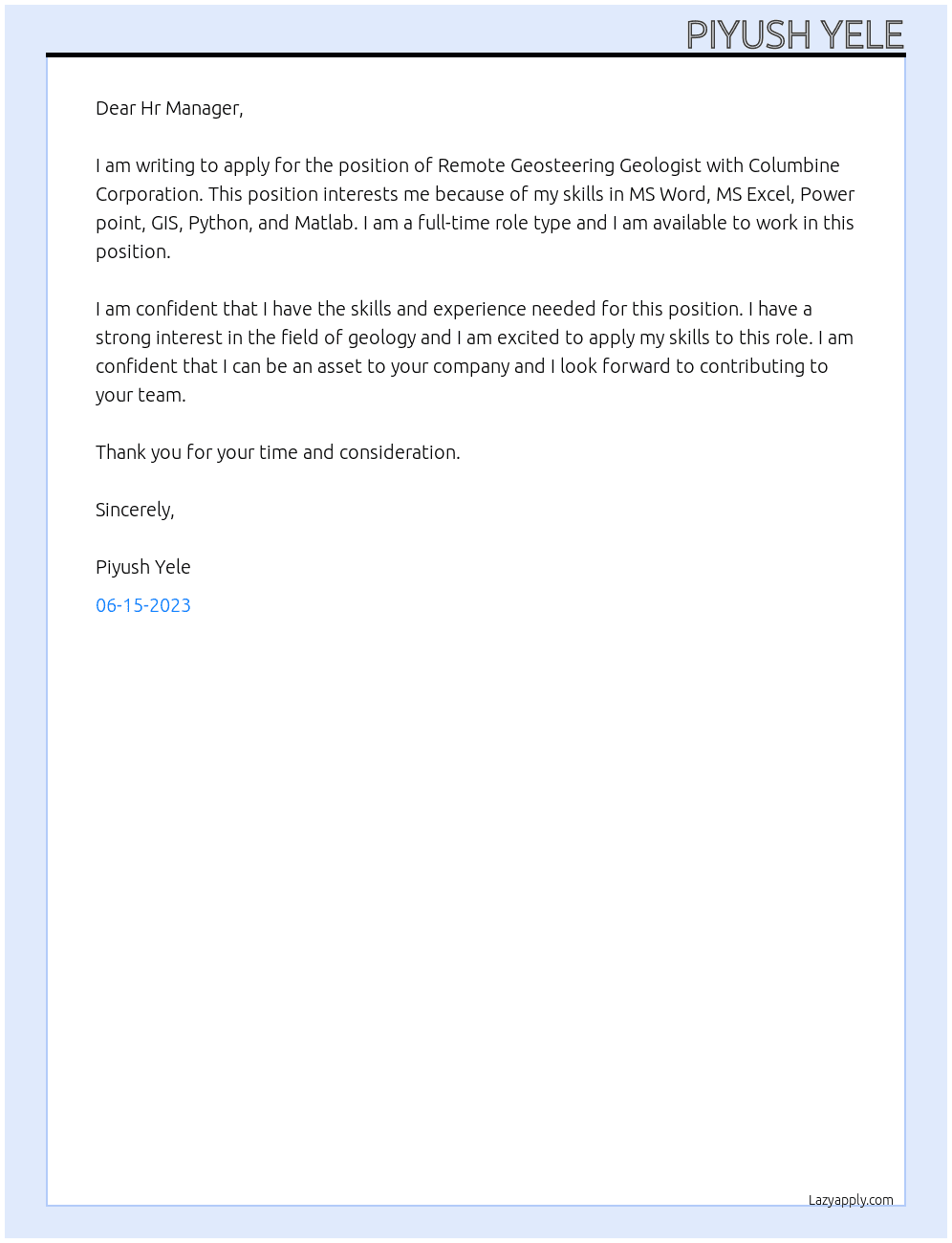 Remote Geosteering Geologist At Columbine Corporation Cover Letter