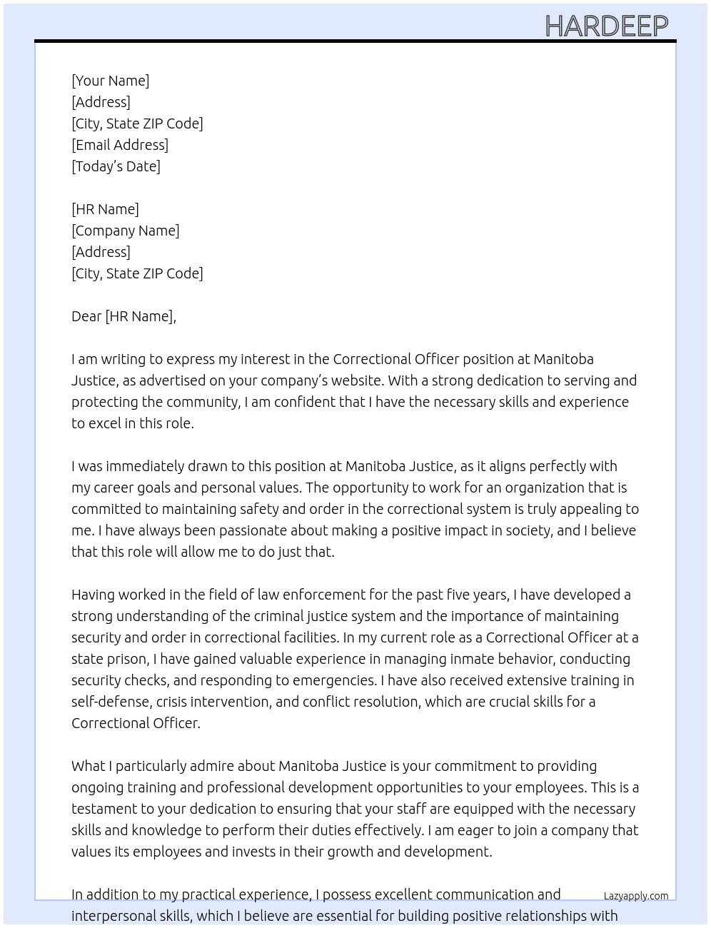 Correctional Officer At Manitoba Justice Cover Letter