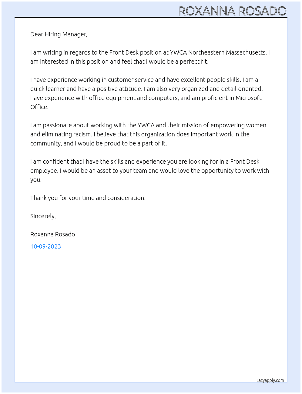 Front desk At YWCA Northeastern Massachusetts  Cover Letter