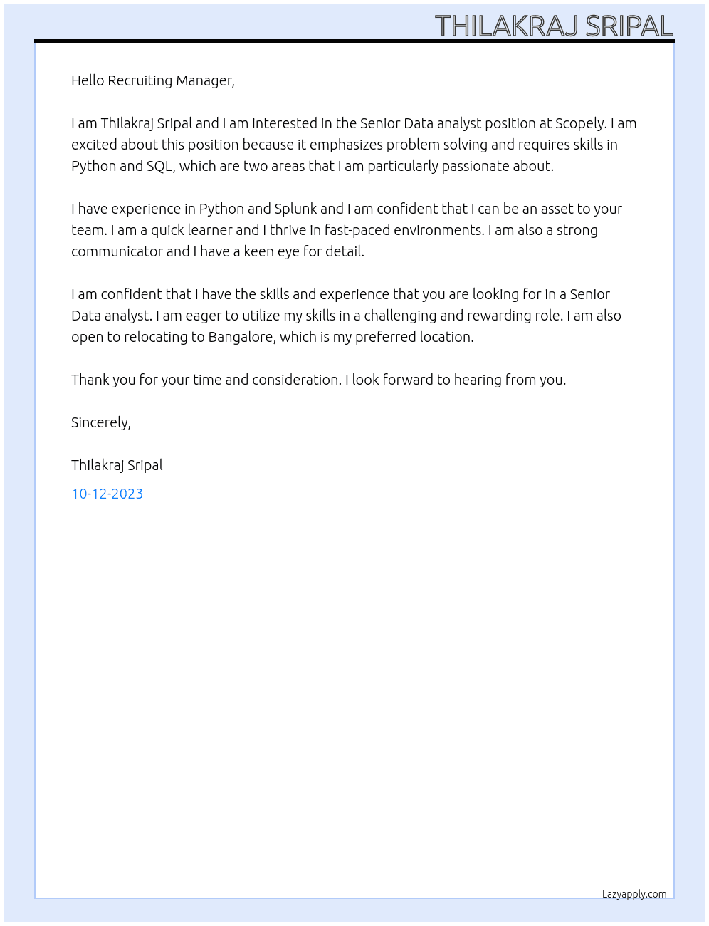 Senior Data analyst At Scopely Cover Letter