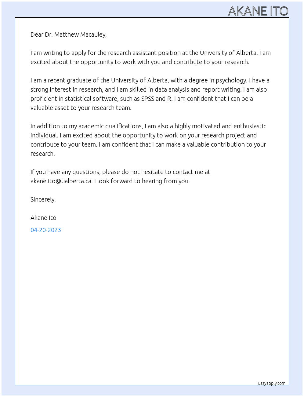 Research assistant  At University of Alberta Cover Letter