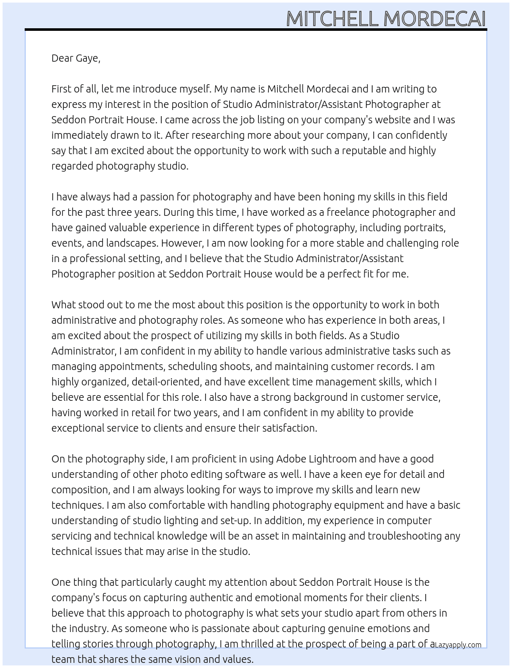 Studio Administrator/Assistant Photographer At Seddon Portrait House Cover Letter