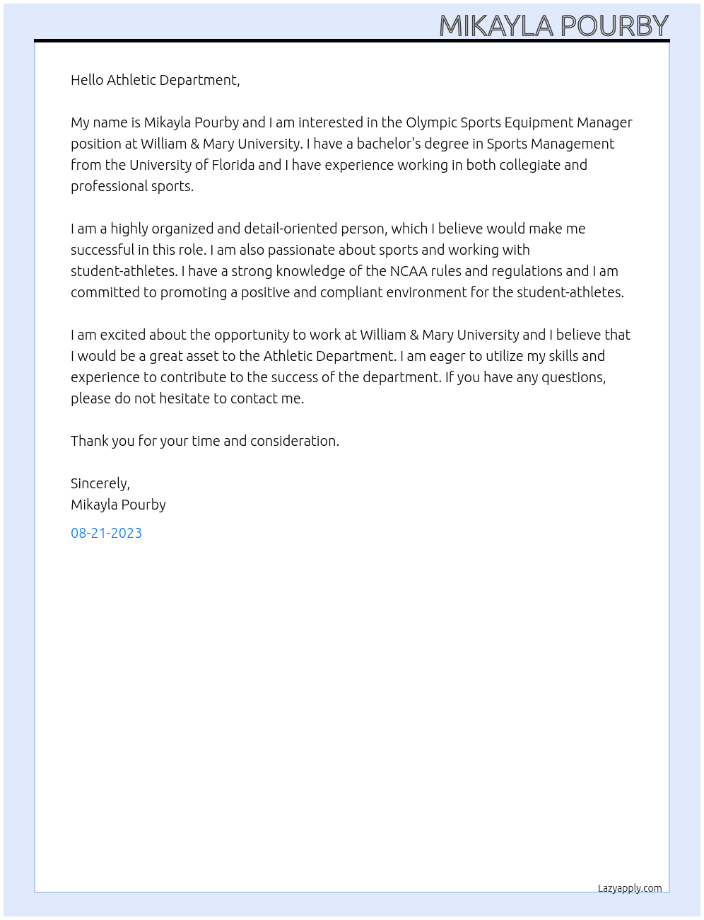 Olympic Sports Equipment Manager At William & Mary University Cover Letter