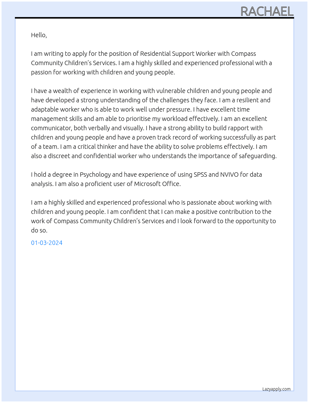 Residential support worker At compass community childrens services Cover Letter
