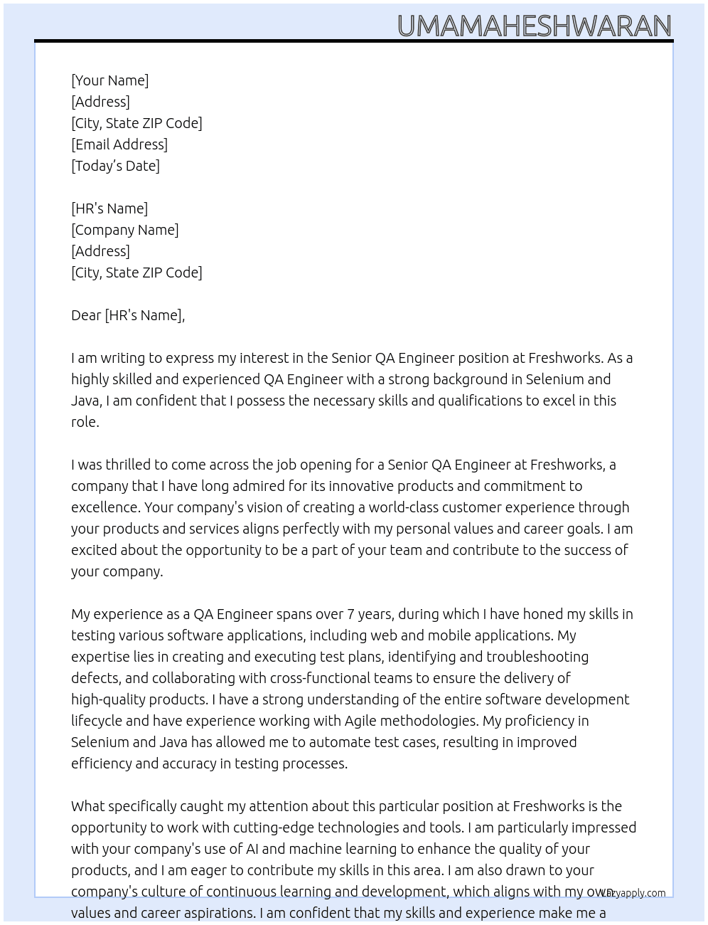 Senior QA engineer  At Freshworks Cover Letter