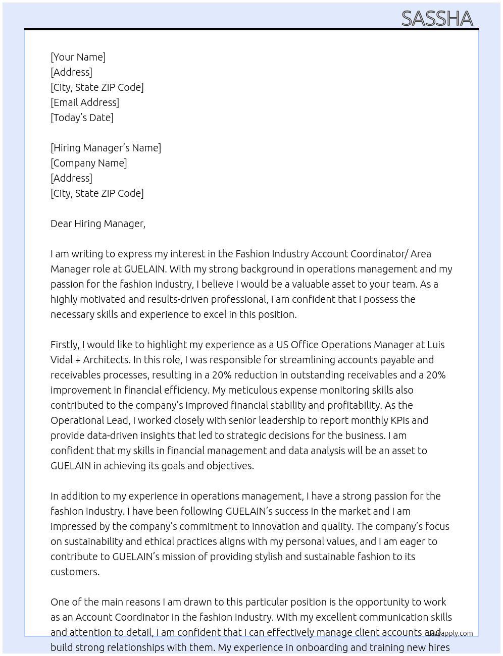 Account Coordinator Fashion Industry  At GUELAIN   Cover Letter