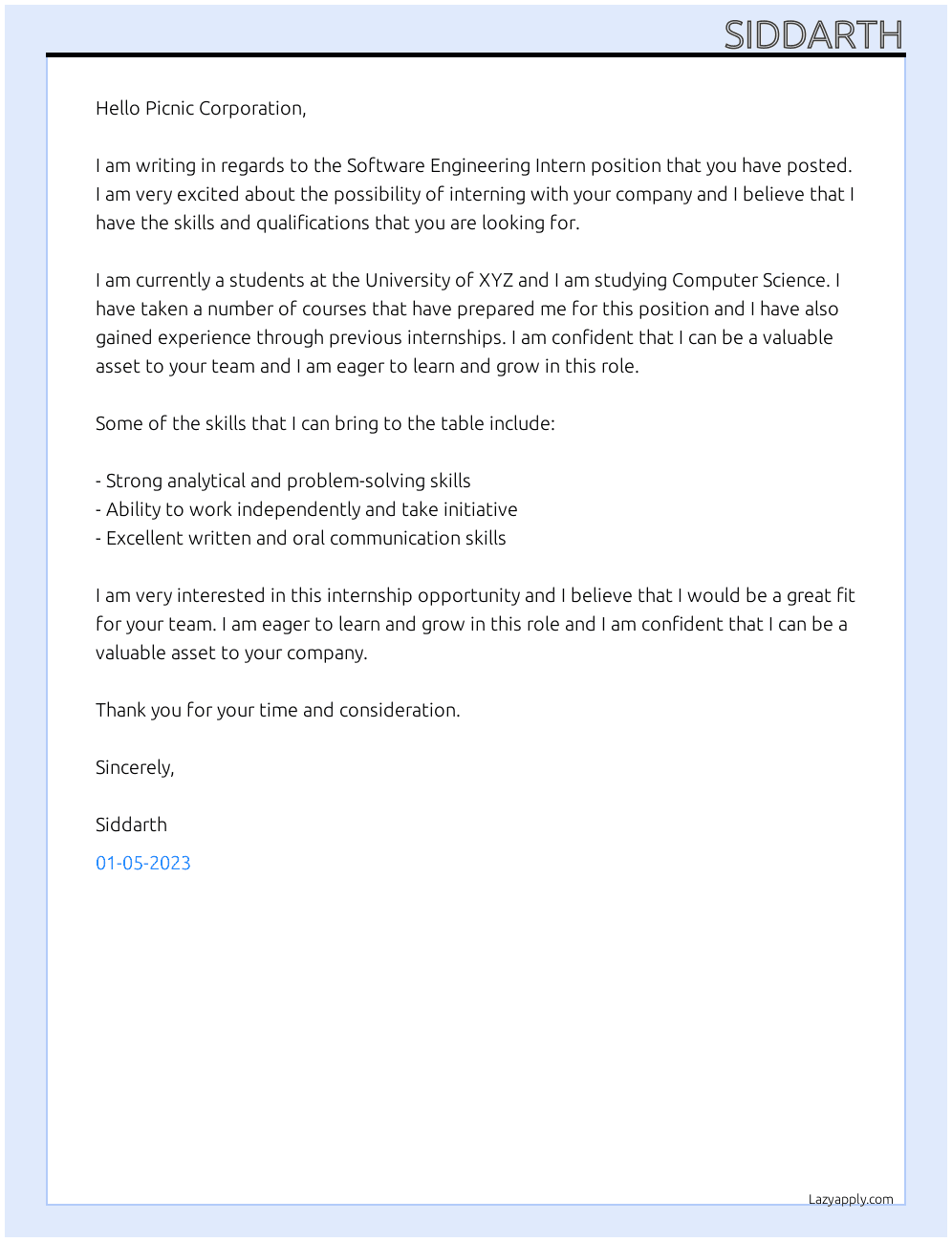 Software Engineering intern At Picnic Corporation Cover Letter