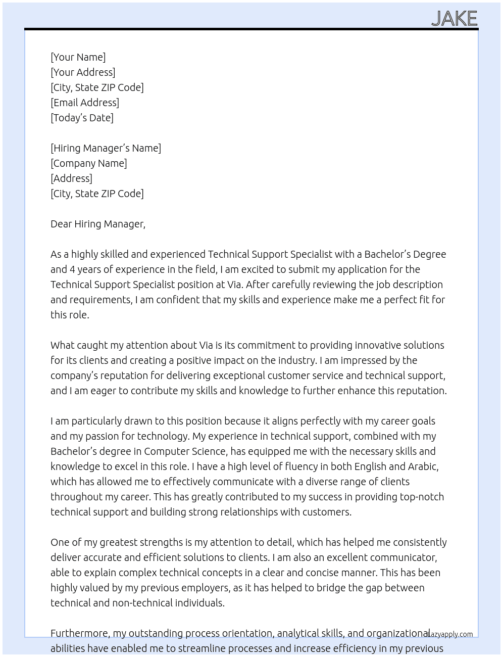 Technical Support Specialist At via Cover Letter