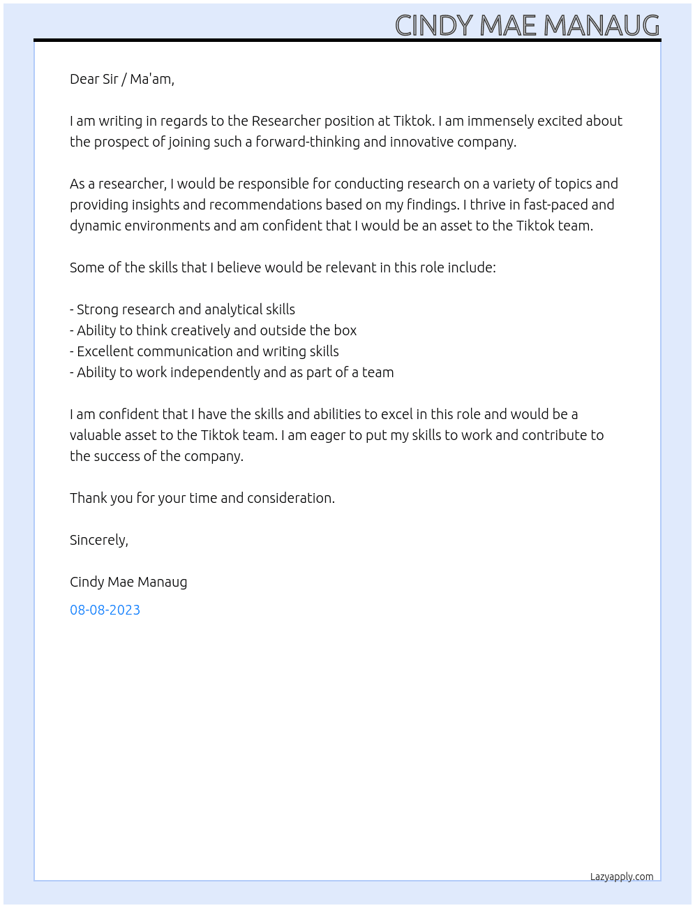 Researcher At Tiktok Cover Letter