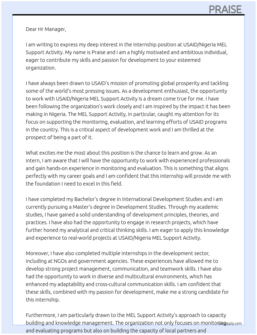 Internship  At USAID/Nigeria MEL support activity   Cover Letter