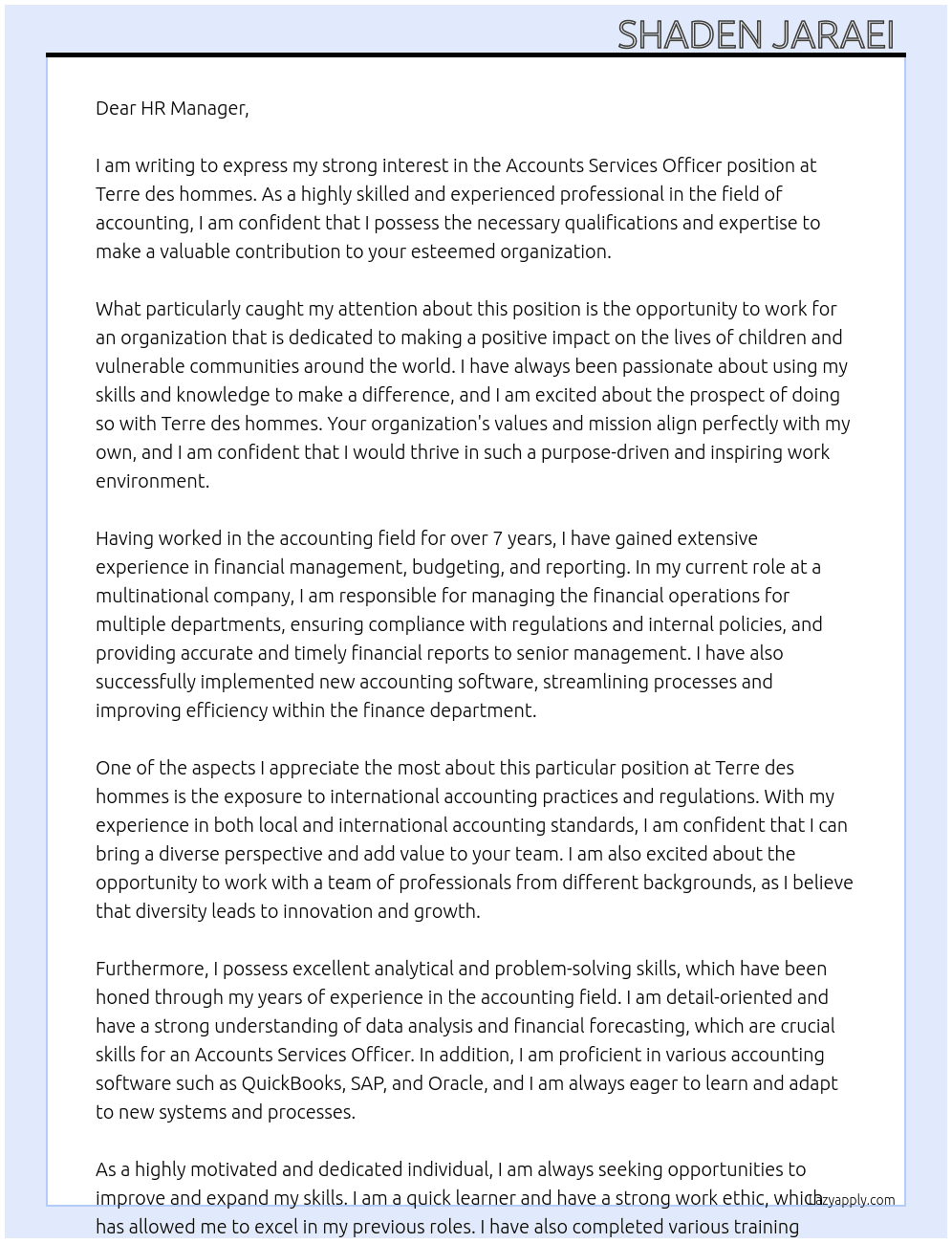 Accounts services officer  At terre des hommes  Cover Letter
