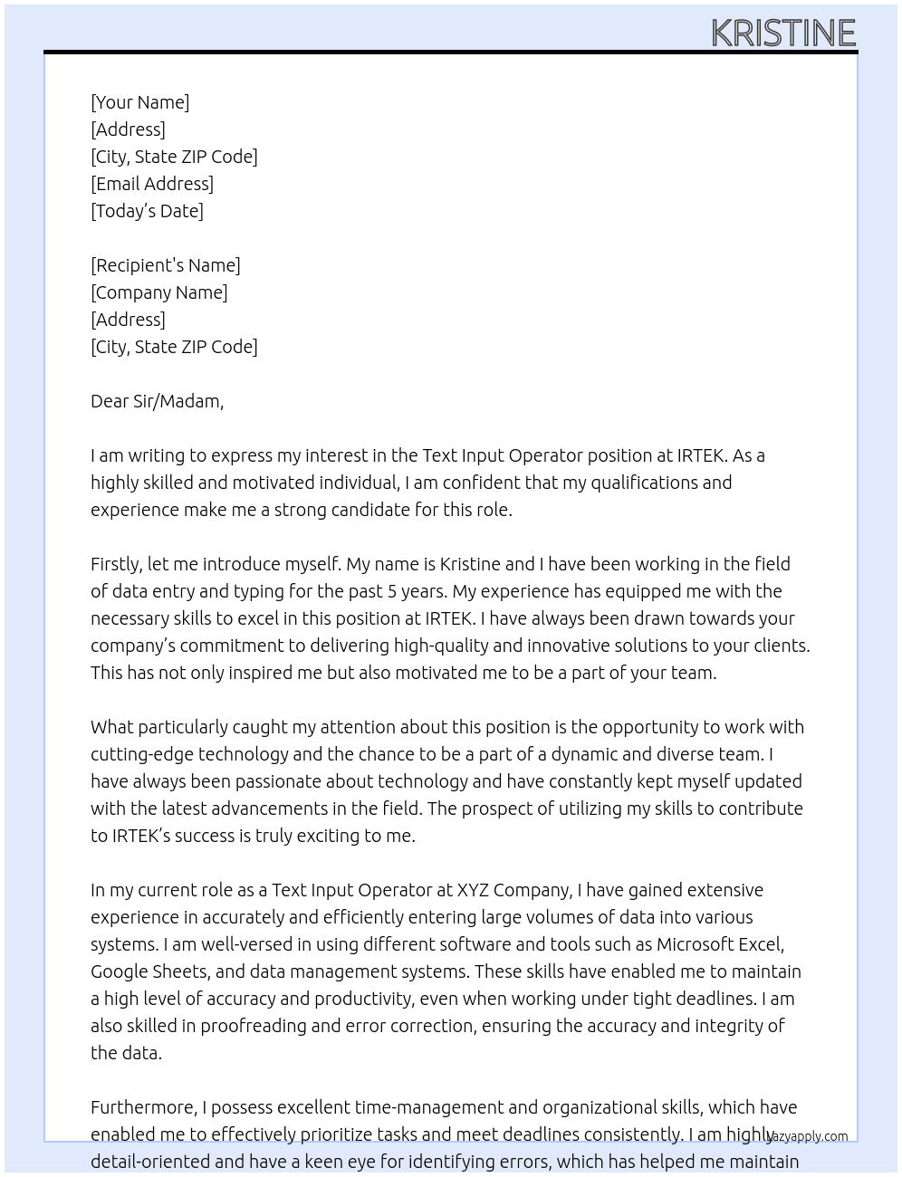 Text input operator At IRTEK Cover Letter